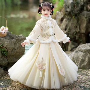 女童汉服冬款2023新款秋冬裙子公主裙儿童加绒冬装女孩连衣裙冬季