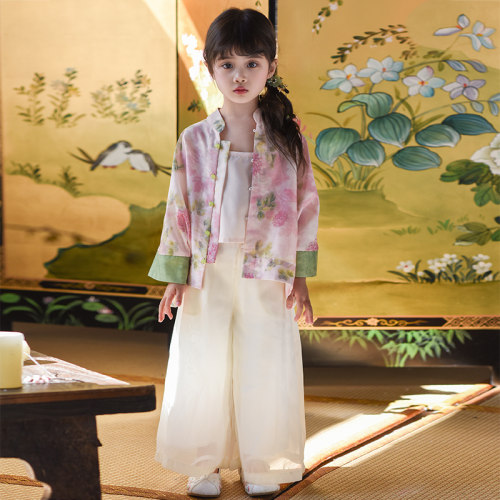 新中式女童国风套装2026新款夏季薄款儿童汉服女孩唐装古风三件套