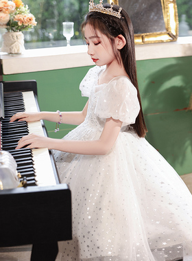 儿童礼服公主裙小女孩夏季白色花童婚纱女童钢琴演奏主持人演出服