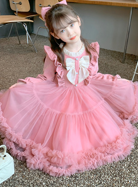 女童公主裙冬季2025新款儿童长袖裙子冬装女孩洋气网纱蓬蓬连衣裙