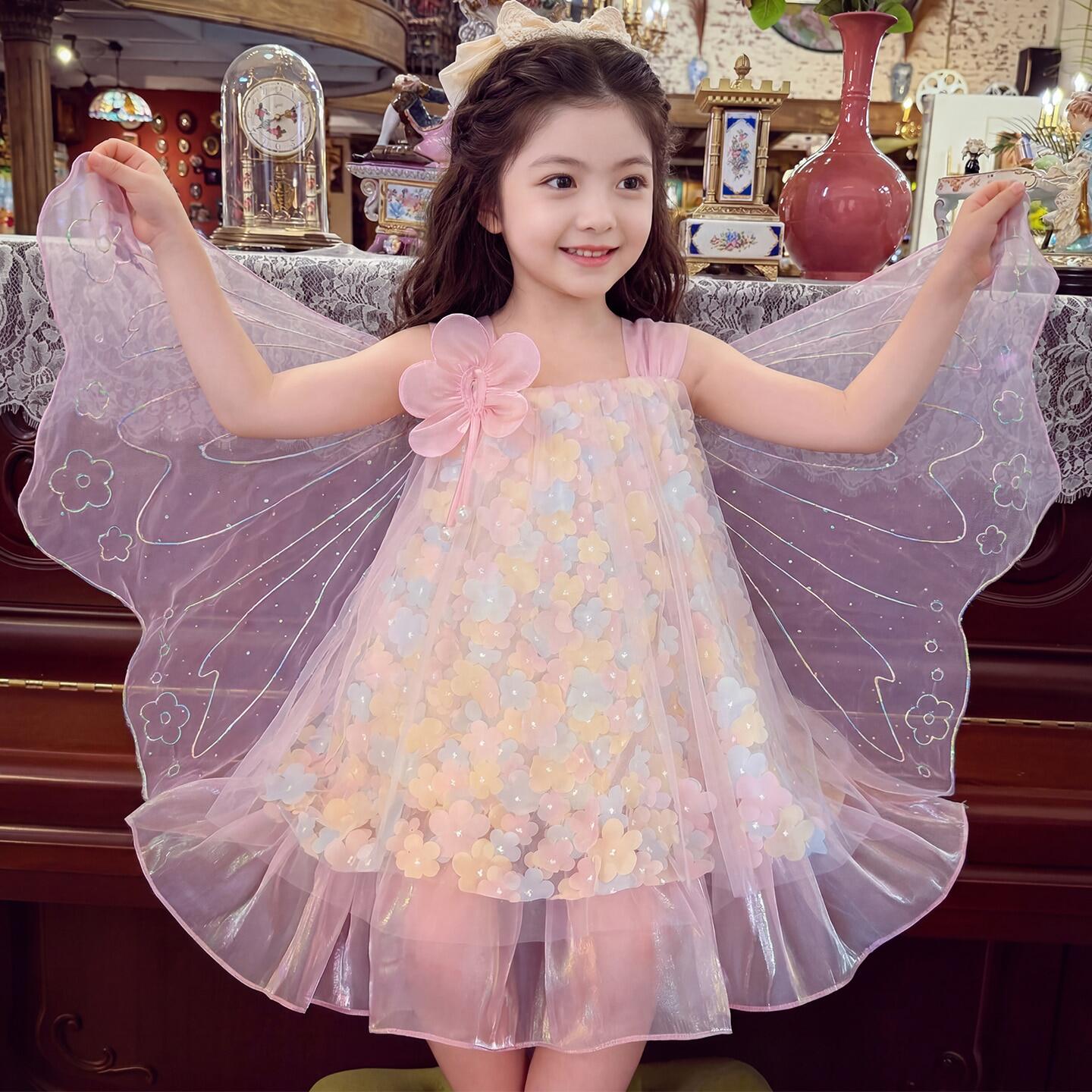 女童吊带裙夏装裙子2026新款儿童花朵网纱连衣裙小女孩翅膀公主裙