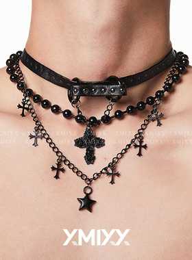禁欲系锁骨链哥特风洛丽塔蕾群搭配黑色皮带扣皮革双层串珠项链