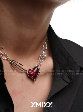 XMIXX 原创鬼爪红色爱心拼接项链男小众设计潮流嘻哈潮项链毛衣链