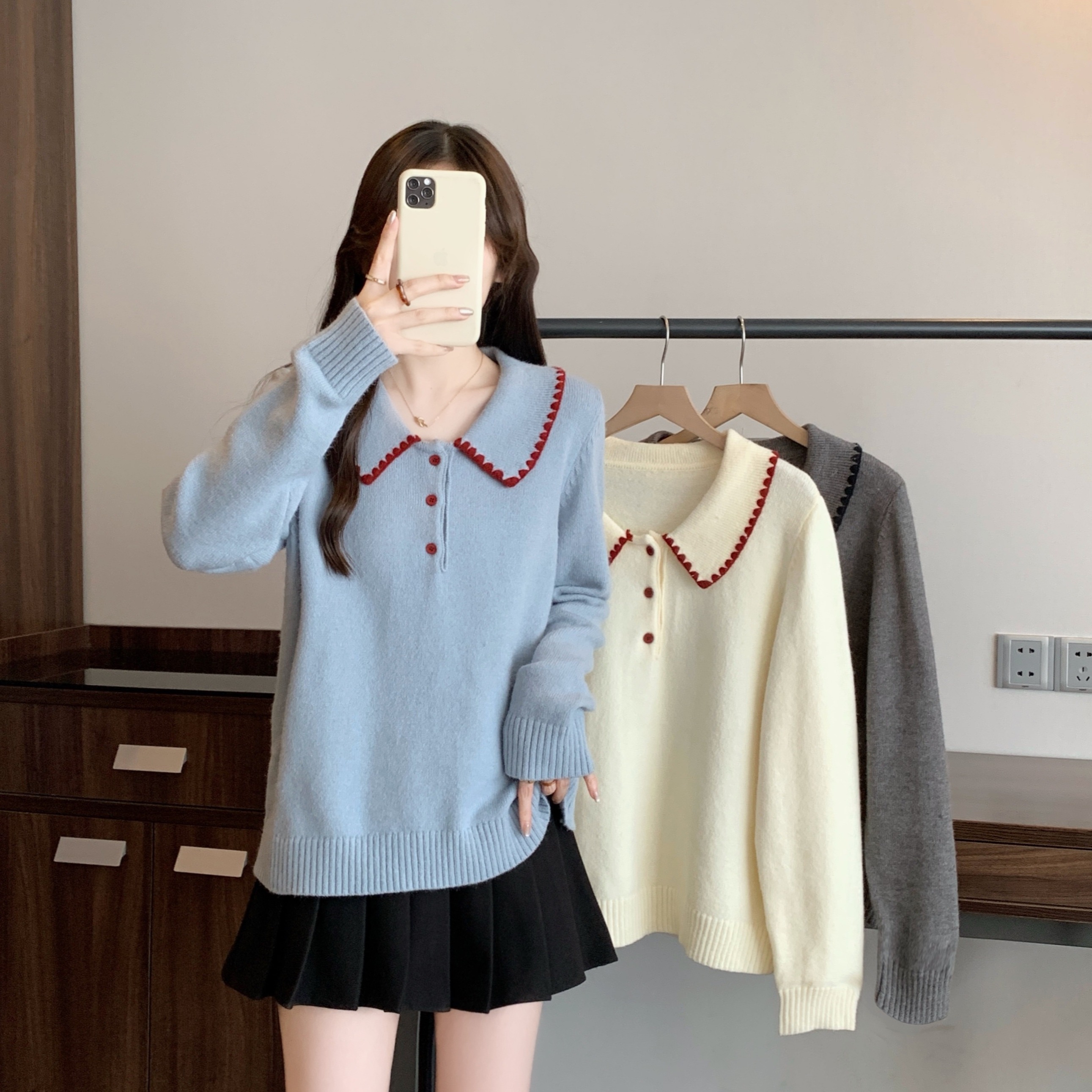 韩系毛衣甜美显瘦撞色针织衫