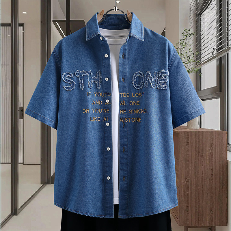 水洗牛仔衬衫男夏季初中高中学生字母刺绣短袖男款青少年衬衣外套