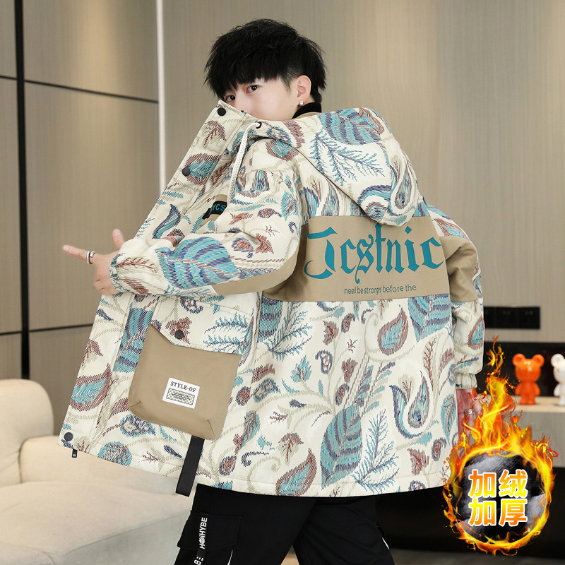 秋冬季新款加绒加厚外套男士时尚潮流青少年学生宽松休闲夹克上衣