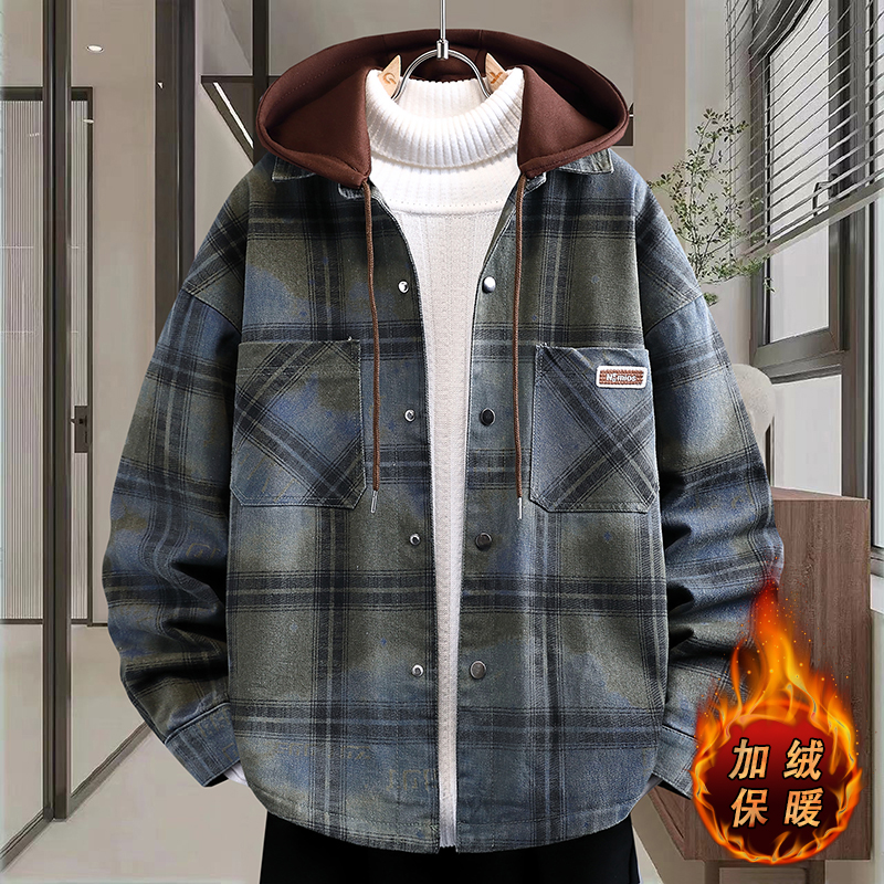 男士连帽格子牛仔外套秋冬季韩版潮流加绒加厚夹克青少年学生棉衣