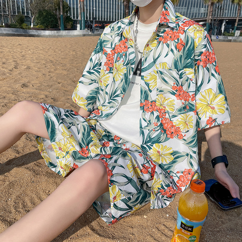 海边沙滩冰丝短袖花衬衫男套装夏季时尚潮流夏威夷风薄款速干短裤