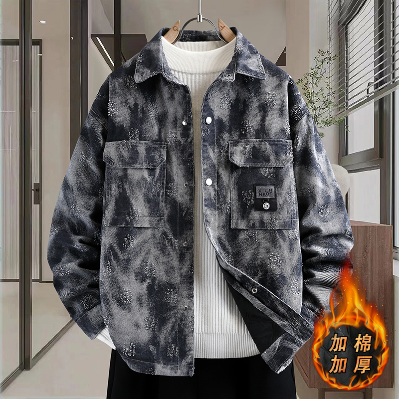 轻奢设计感刮烂牛仔外套男秋冬季痞帅夹棉加厚夹克青少年工装衬衣