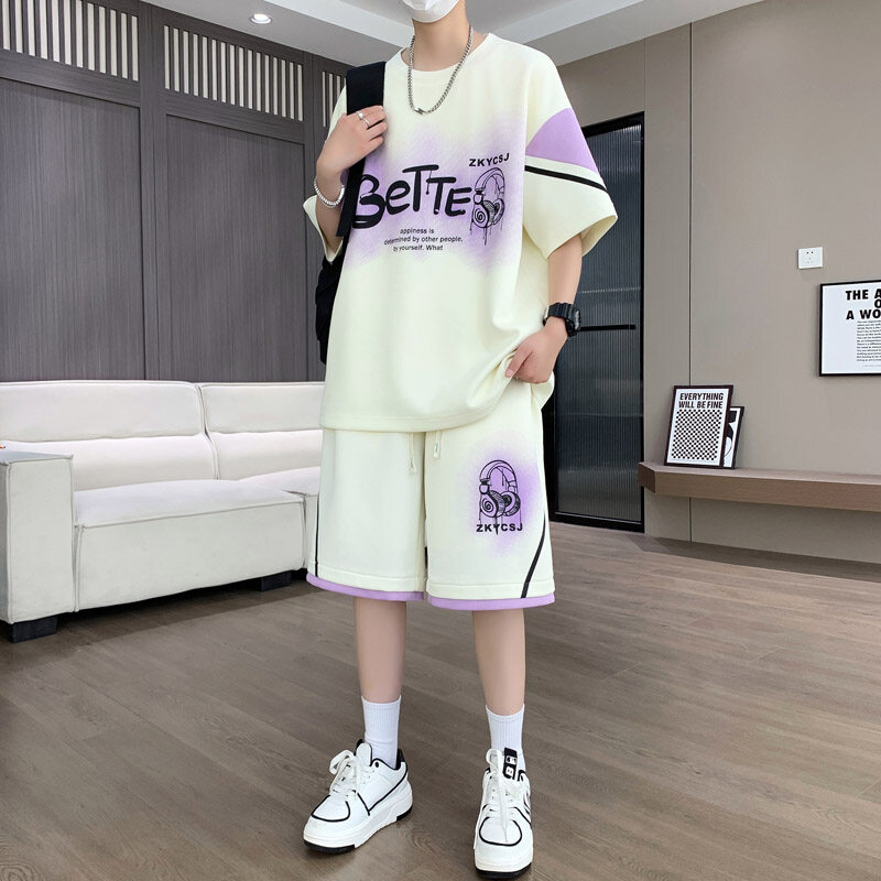 青少年短袖短裤套装男高级感痞帅穿搭一整套男夏季初中生潮牌t恤