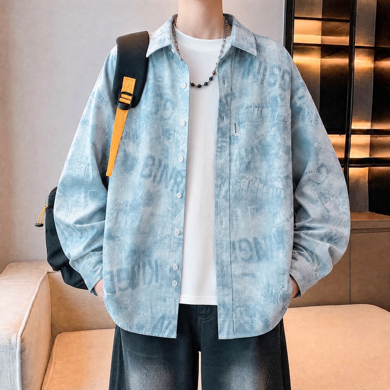 宽松长袖衬衫外套男春秋季初中高中学生翻领上衣服男士青少年衬衣