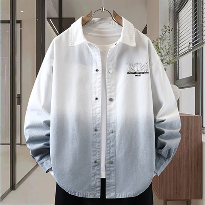 刺绣长袖衬衫外套男春秋季渐变色牛仔衣服2025新款初高中学生夹克