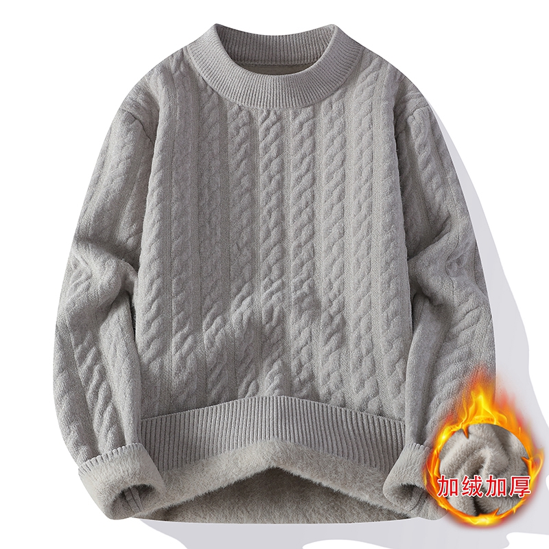 一体绒毛衣男士加绒加厚线衣2024新款冬季保暖内搭针织打底衫上衣