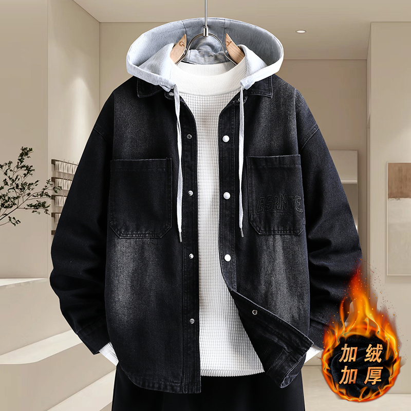 复古做旧水洗牛仔外套男秋冬季加厚加绒夹克潮流百搭休闲连帽棉衣