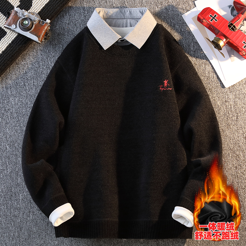 冬季加绒加厚毛衣男生高级感痞帅假两件衬衫领针织衫男一体绒线衣