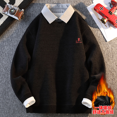 冬季加绒加厚毛衣男生高级感痞帅假两件衬衫领针织衫男一体绒线衣