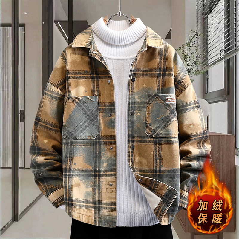 翻领格子外套男秋冬季加绒加厚复古牛仔夹克青少年学生男装上衣服
