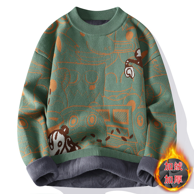 加绒加厚圆领毛衣男孩青少年秋冬款套头针织衫初高中学生保暖线衣
