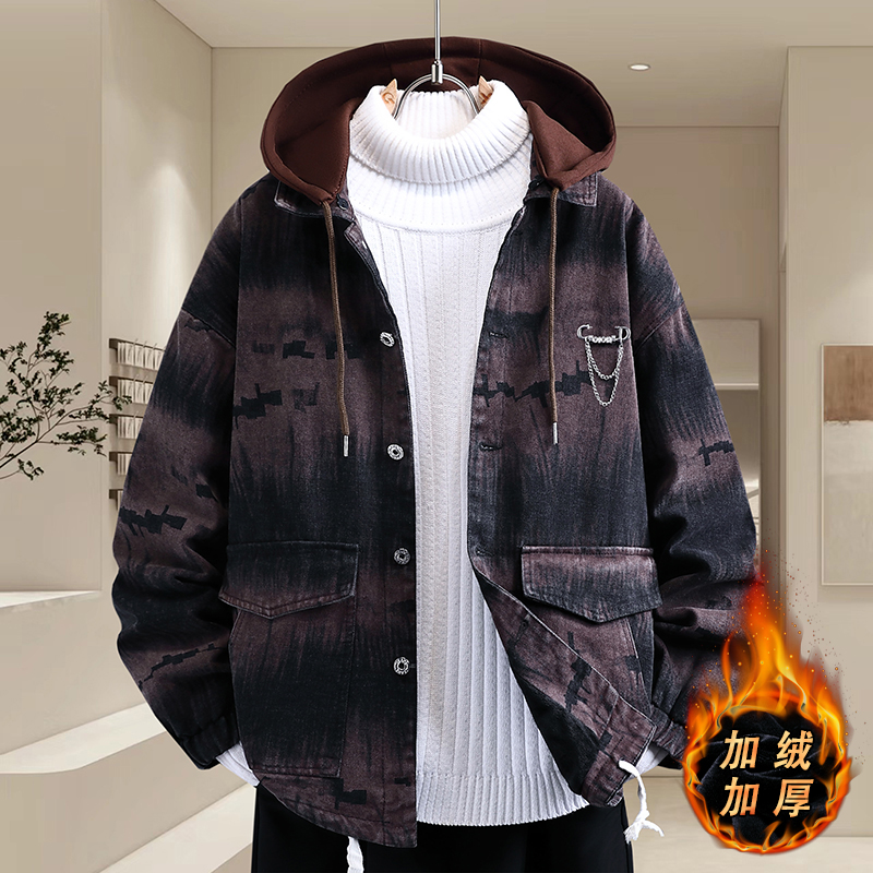 扎染做旧水洗牛仔外套男秋冬季加绒加厚夹克高级感痞帅休闲褂子潮