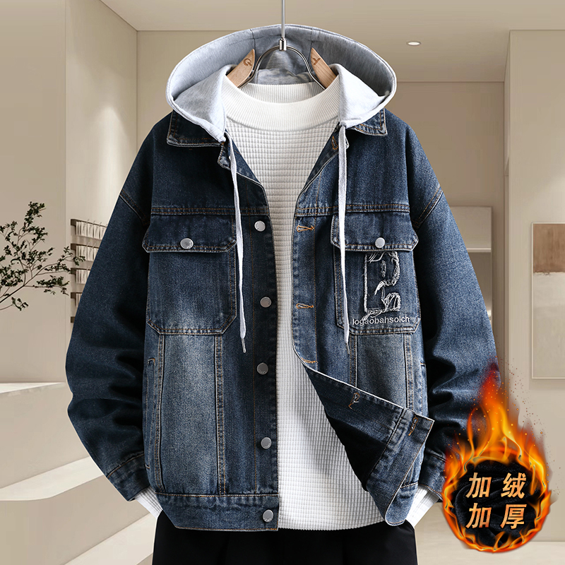 字母刺绣牛仔外套男加绒加厚秋冬季工装夹克韩版潮帅气青少年棉衣
