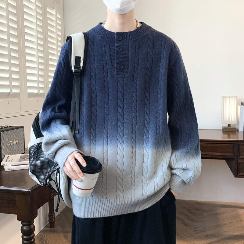 渐变色麻花毛衣男秋冬季高级感痞帅加厚复古针织衫男生套头毛线衣