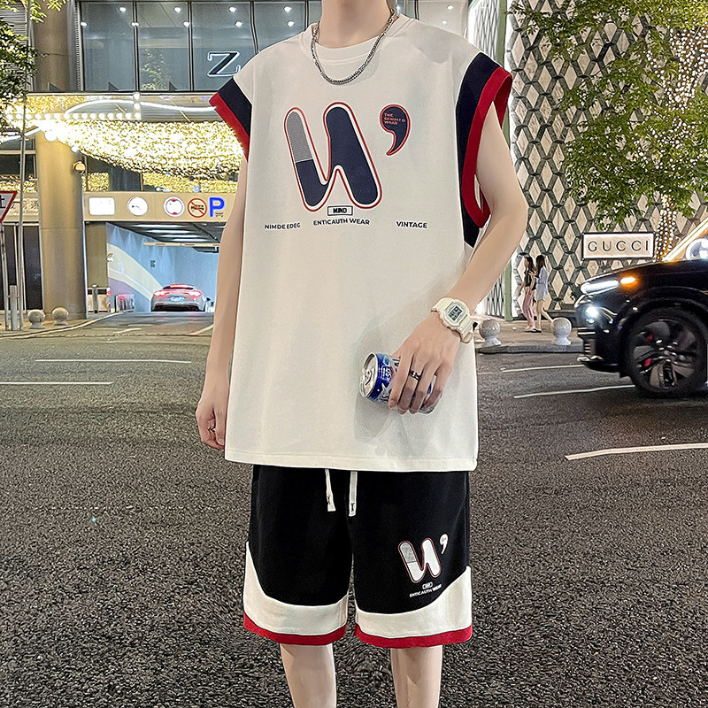 青少年无袖背心男装一套搭配帅气t恤短裤夏季初高中学生运动套装