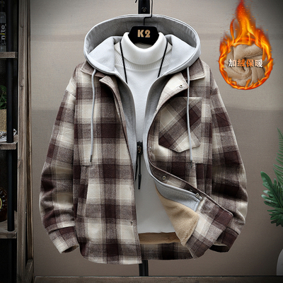 日系复古假两件格子外套男款冬季加绒加厚夹克青少年学生保暖棉衣