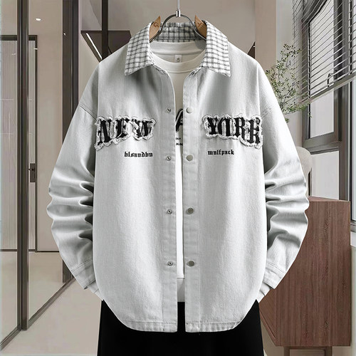春秋字母刺绣牛仔衣服男长袖衬衫秋季高级感痞帅轻奢潮牌夹克外套