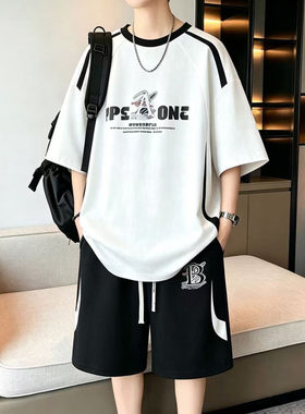 冰丝棉t恤夏季青少年休闲运动套装男初中高中学生短袖短裤两件套