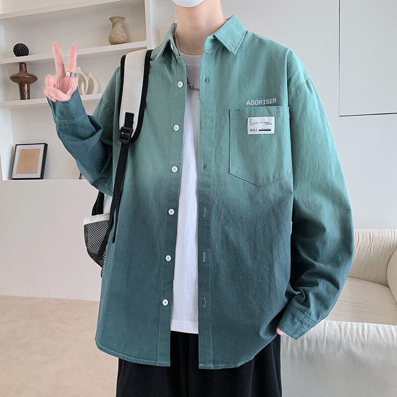 渐变色长袖衬衫男春季2026新款初高中学生衬衣外套青少年宽松上衣