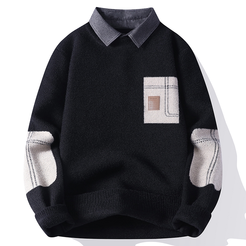 青少年假两件衬衫领毛衣男士秋冬季高级感痞帅休闲潮牌针织打底衫