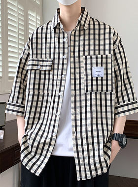 青少年男孩格子短袖衬衫男夏季新款半袖帅气初高中学生七分袖衬衣