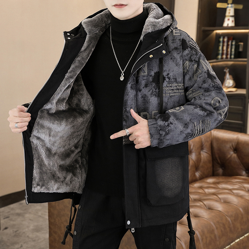 加绒加厚棉衣男2025冬季新款牛仔外套男孩青少年潮牌保暖派克棉服