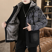 加绒加厚棉衣男2025冬季 牛仔外套男孩青少年潮牌保暖派克棉服 新款