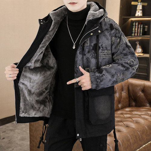 加绒加厚棉衣男2025冬季新款牛仔外套男孩青少年潮牌保暖派克棉服