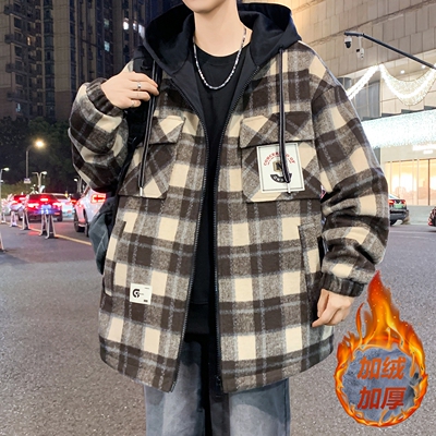 加绒加厚毛呢外套男冬季初中高中学生宽松格子夹克青少年大童棉衣