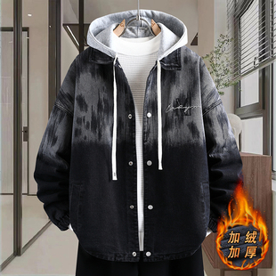 加绒加厚牛仔外套男冬季 高级感痞帅休闲夹克潮流百搭宽松连帽褂子