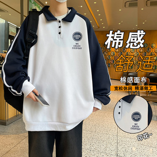 青少年纯棉带领卫衣男春秋季初中高中学生长袖t恤大童男装polo衫