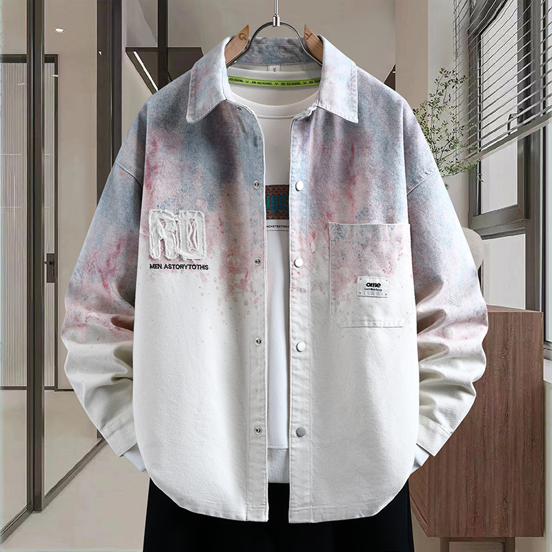 刺绣渐变色长袖衬衫外套男青少年2026超火春季新款初高中学生夹克