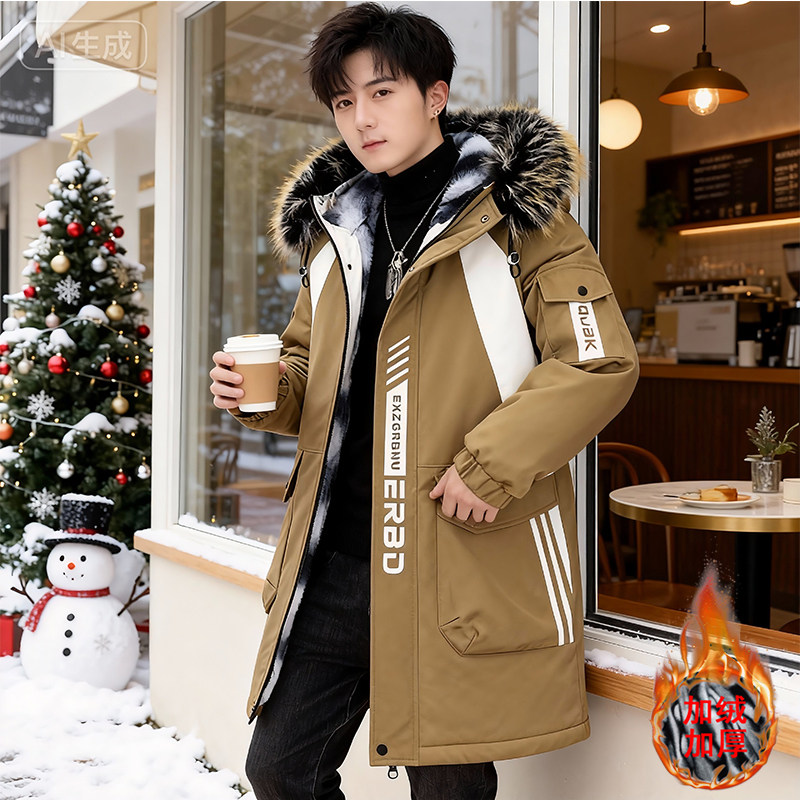 冬季防寒派克棉服男孩青少年加绒加厚棉衣外套高中学生中长款棉袄