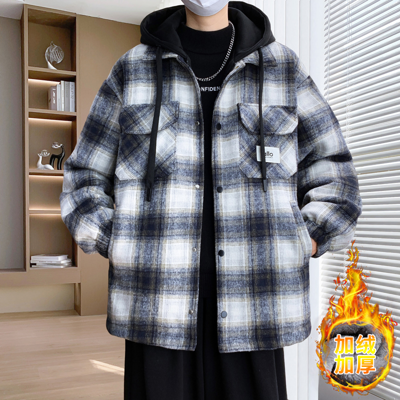 假两件呢子外套男冬季加绒加厚连帽格子夹克初中高中学生宽松棉衣