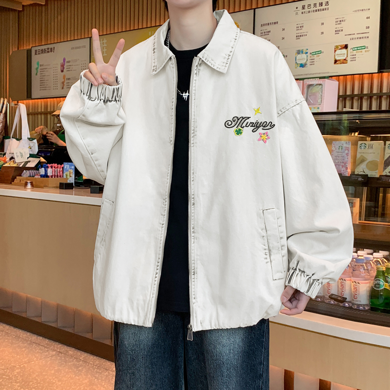 刺绣牛仔外套男生春秋季日系复古潮牌翻领夹克青少年宽松休闲上衣