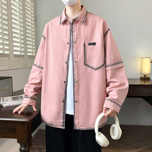 复古潮牌休闲牛仔外套青少年男装 宽松长袖 春秋季 男士 潮流夹克 衬衫