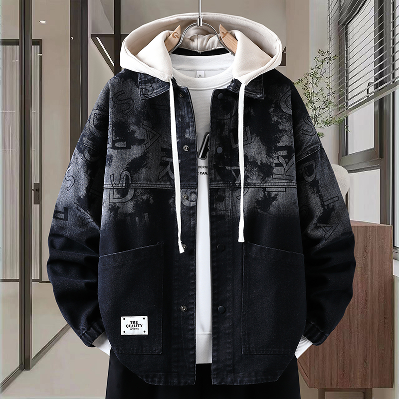 春秋季夹克男初中生潮流扎染做旧水洗牛仔外套青少年大童男装上衣