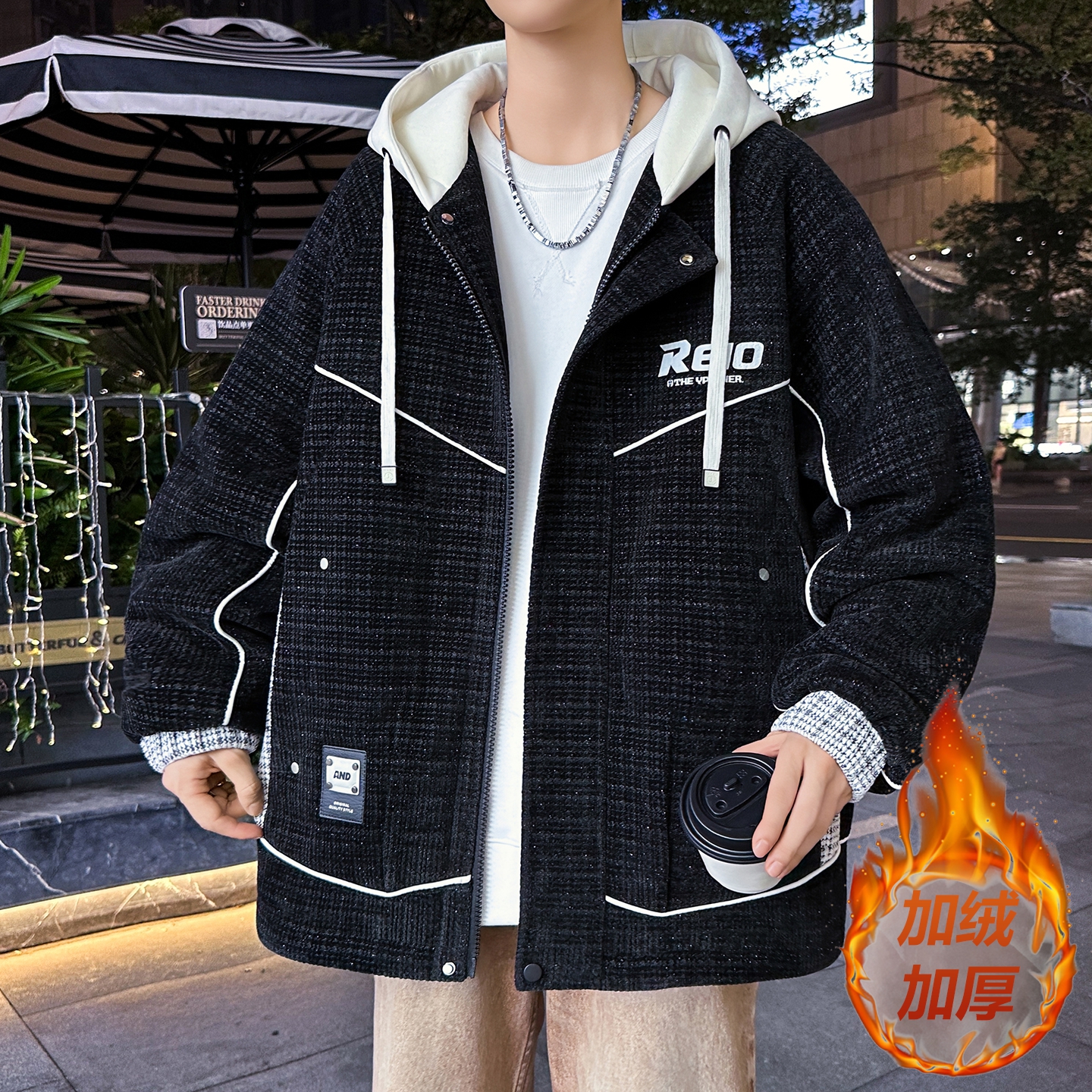 青少年加绒外套男秋冬季高级感痞帅小香风夹克初高中学生加厚褂子