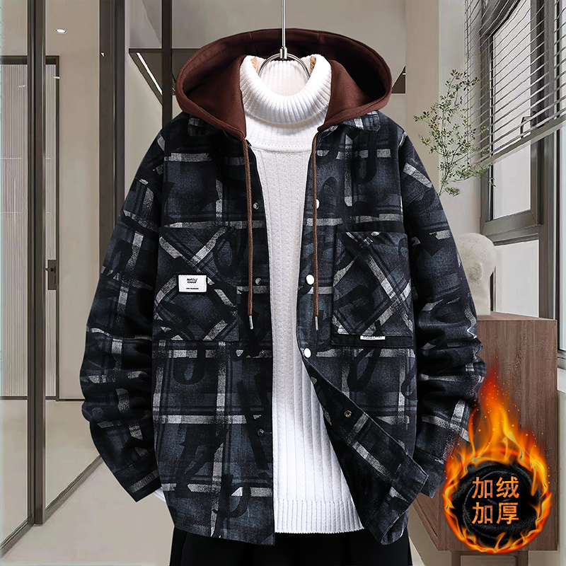 可脱卸帽牛仔夹克男青少年秋冬季加绒加厚格子外套初高中学生棉服