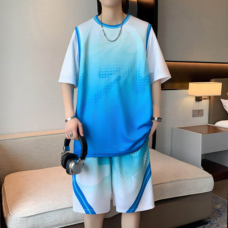 时尚运动套装男夏季冰丝短袖短裤初中高中学生大童薄款速干篮球服