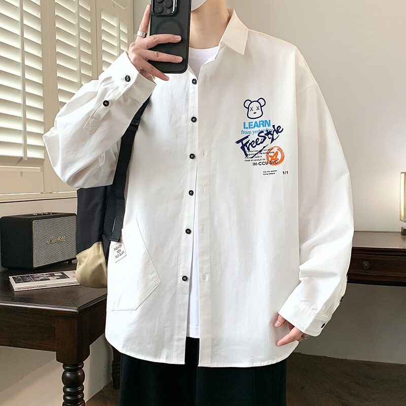 青少年文艺范长袖衬衫男春秋款初高中学生外套高级感宽松翻领衬衣