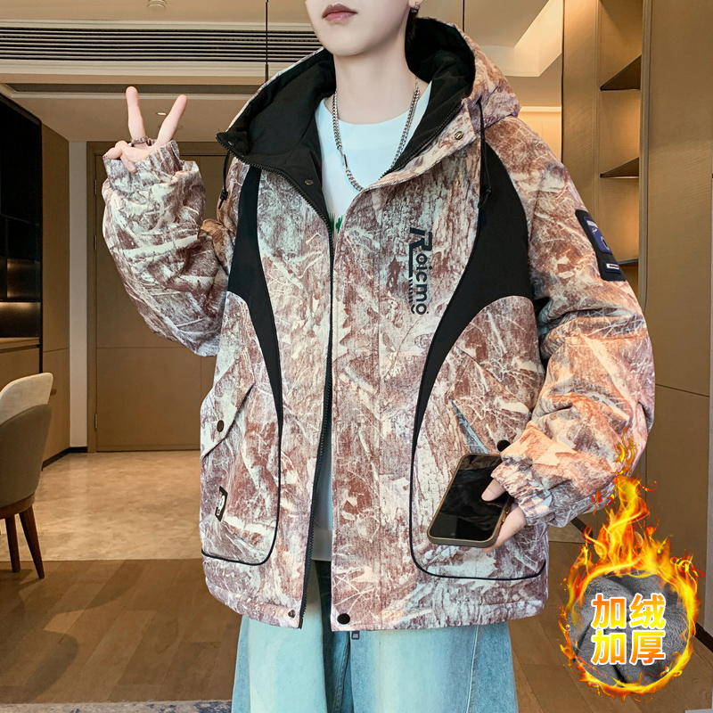 时尚休闲连帽夹克男2025秋冬季新款加绒加厚外套男生青少年冲锋衣