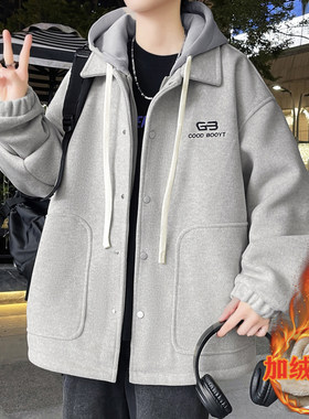 假两件雪尼尔外套男生秋冬季加绒加厚毛呢夹克青少年宽松百搭褂子